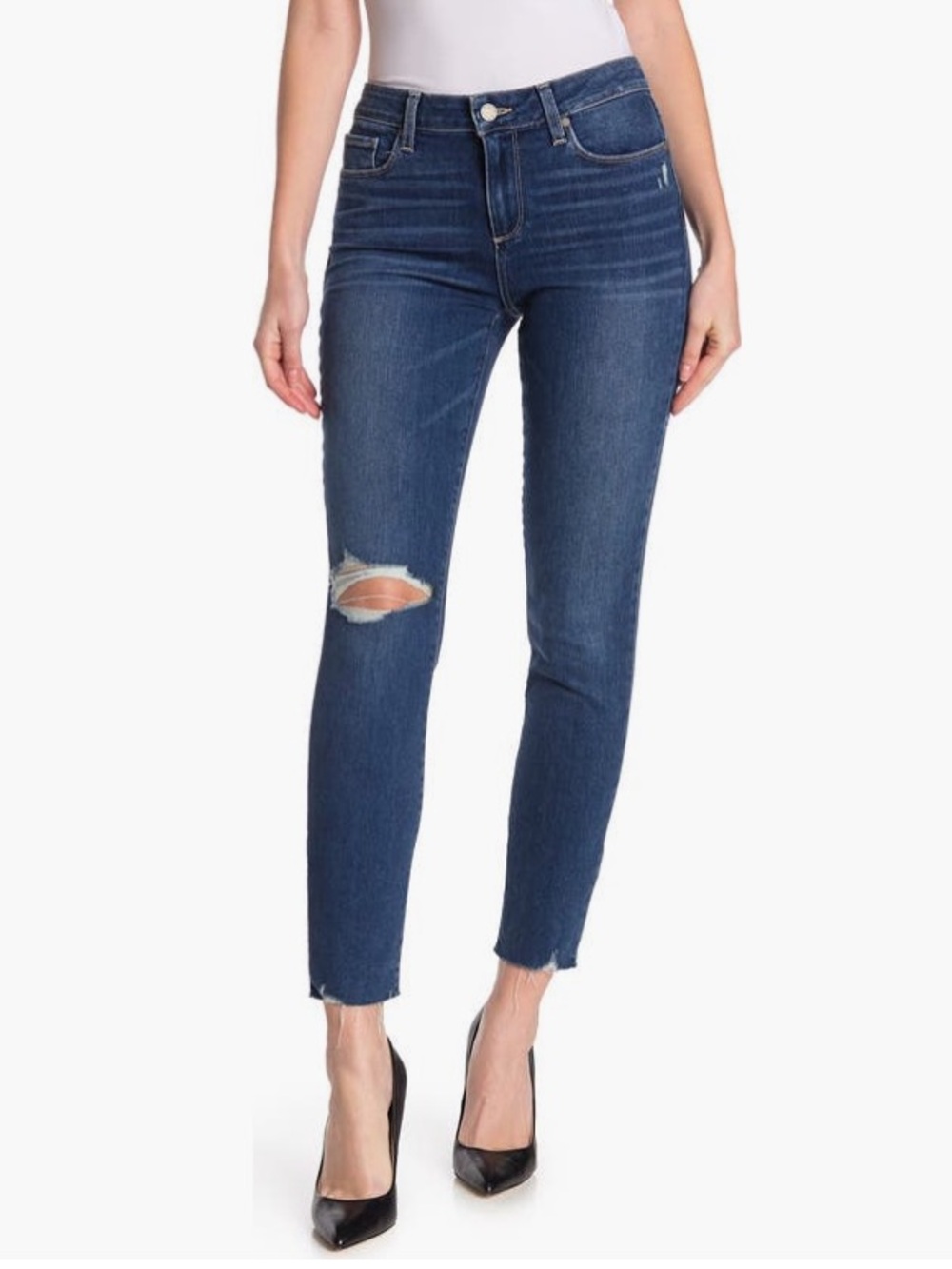 PAIGE Dark Blue Distressed Ankle Jeans